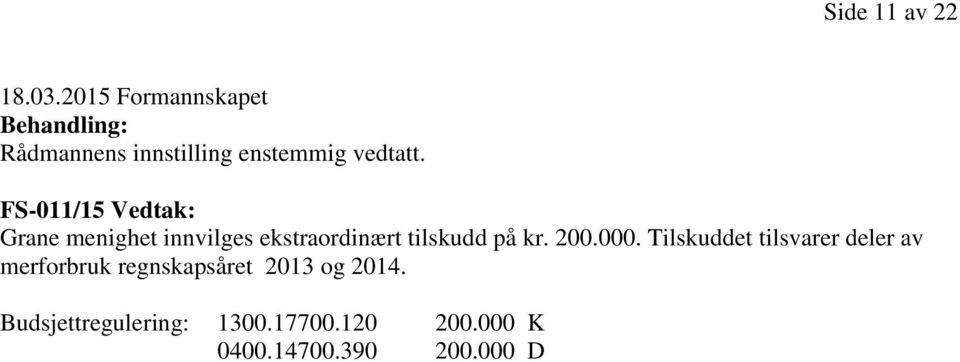 FS-011/15 Vedtak: Grane menighet innvilges ekstraordinært tilskudd på kr. 200.