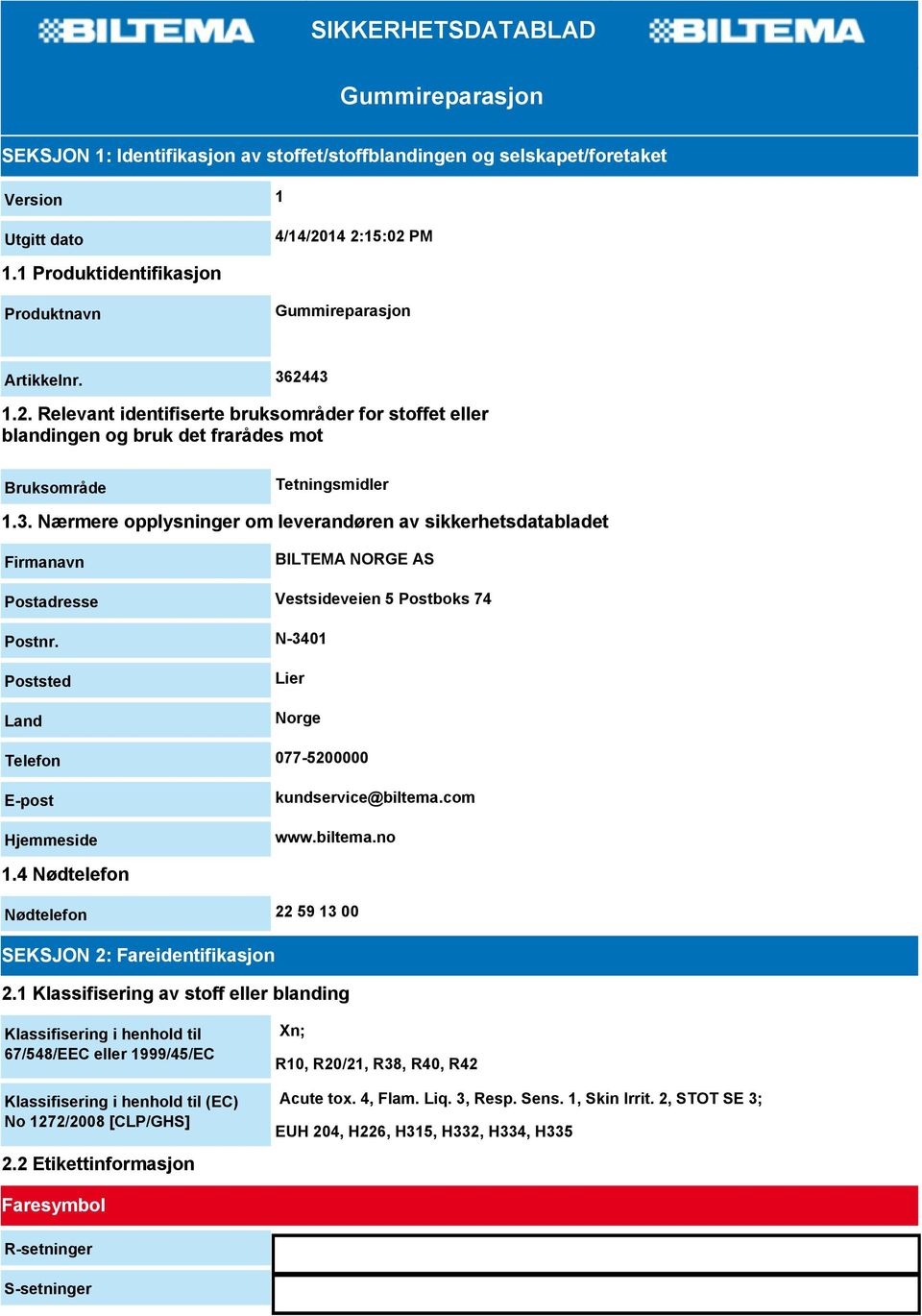 2443 1.2. Relevant identifiserte bruksområder for stoffet eller blandingen og bruk det frarådes mot Bruksområde Tetningsmidler 1.3. Nærmere opplysninger om leverandøren av sikkerhetsdatabladet Firmanavn BILTEMA NORGE AS Postadresse Vestsideveien 5 Postboks 74 Postnr.