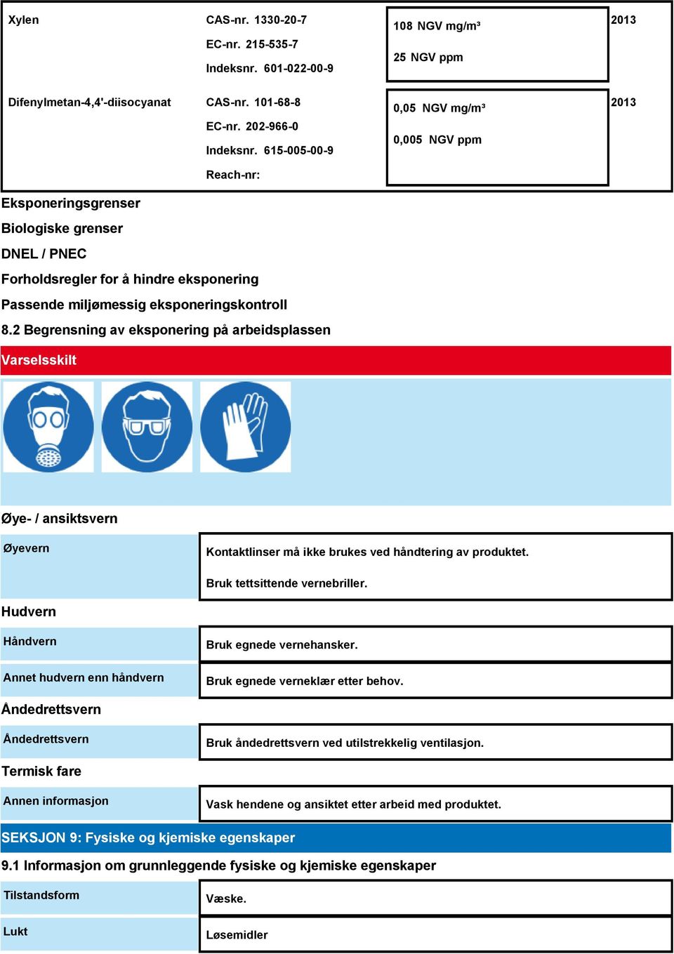 2 Begrensning av eksponering på arbeidsplassen Varselsskilt 0,05 NGV mg/m³ 0,005 NGV ppm 2013 Øye- / ansiktsvern Øyevern Kontaktlinser må ikke brukes ved håndtering av produktet.