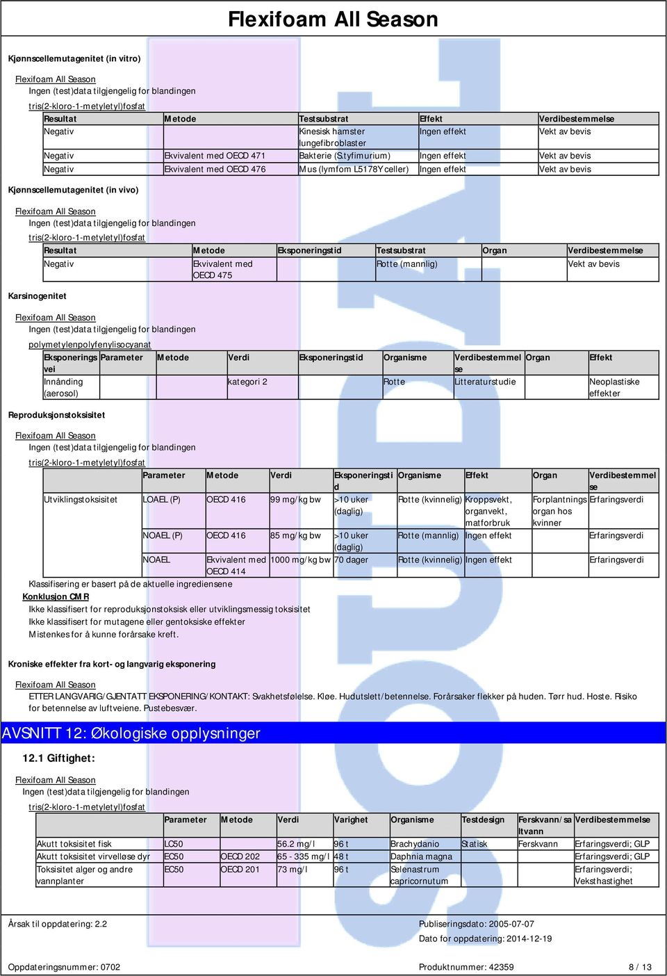 Testsubstrat Organ Verdibestemmelse Negativ Ekvivalent med OECD 475 Rotte (mannlig) Vekt av bevis Karsinogenitet Eksponerings Parameter Metode Verdi Eksponeringstid Organisme Verdibestemmel Organ