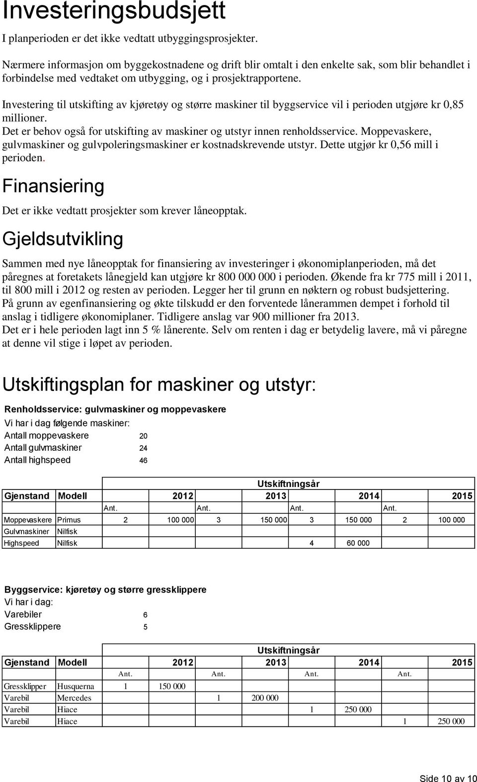 Investering til utskifting av kjøretøy og større maskiner til byggservice vil i perioden utgjøre kr 0,85 millioner. Det er behov også for utskifting av maskiner og utstyr innen renholdsservice.