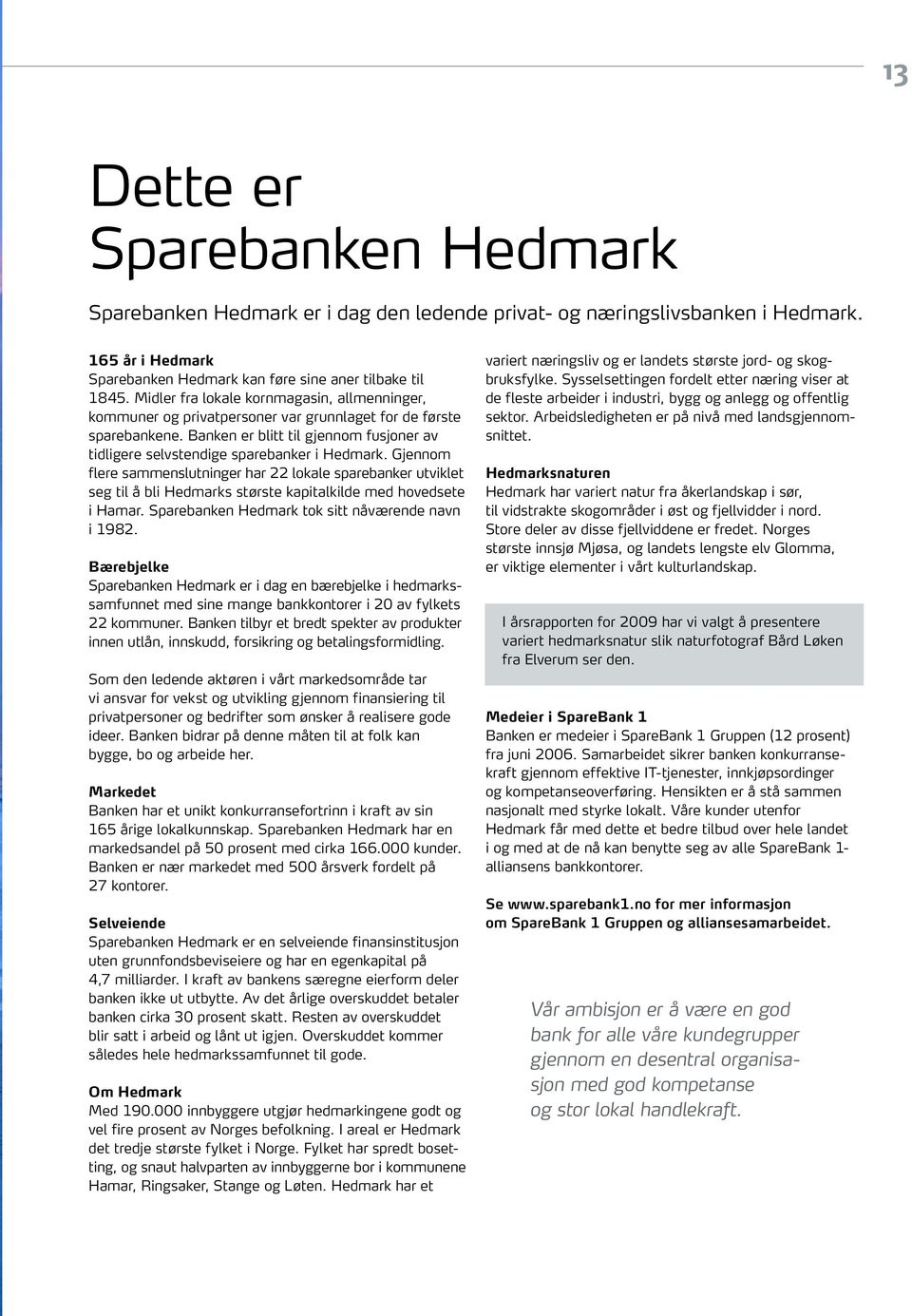 Gjennom flere sammenslutninger har 22 lokale sparebanker utviklet seg til å bli Hedmarks største kapitalkilde med hovedsete i Hamar. Sparebanken Hedmark tok sitt nåværende navn i 1982.