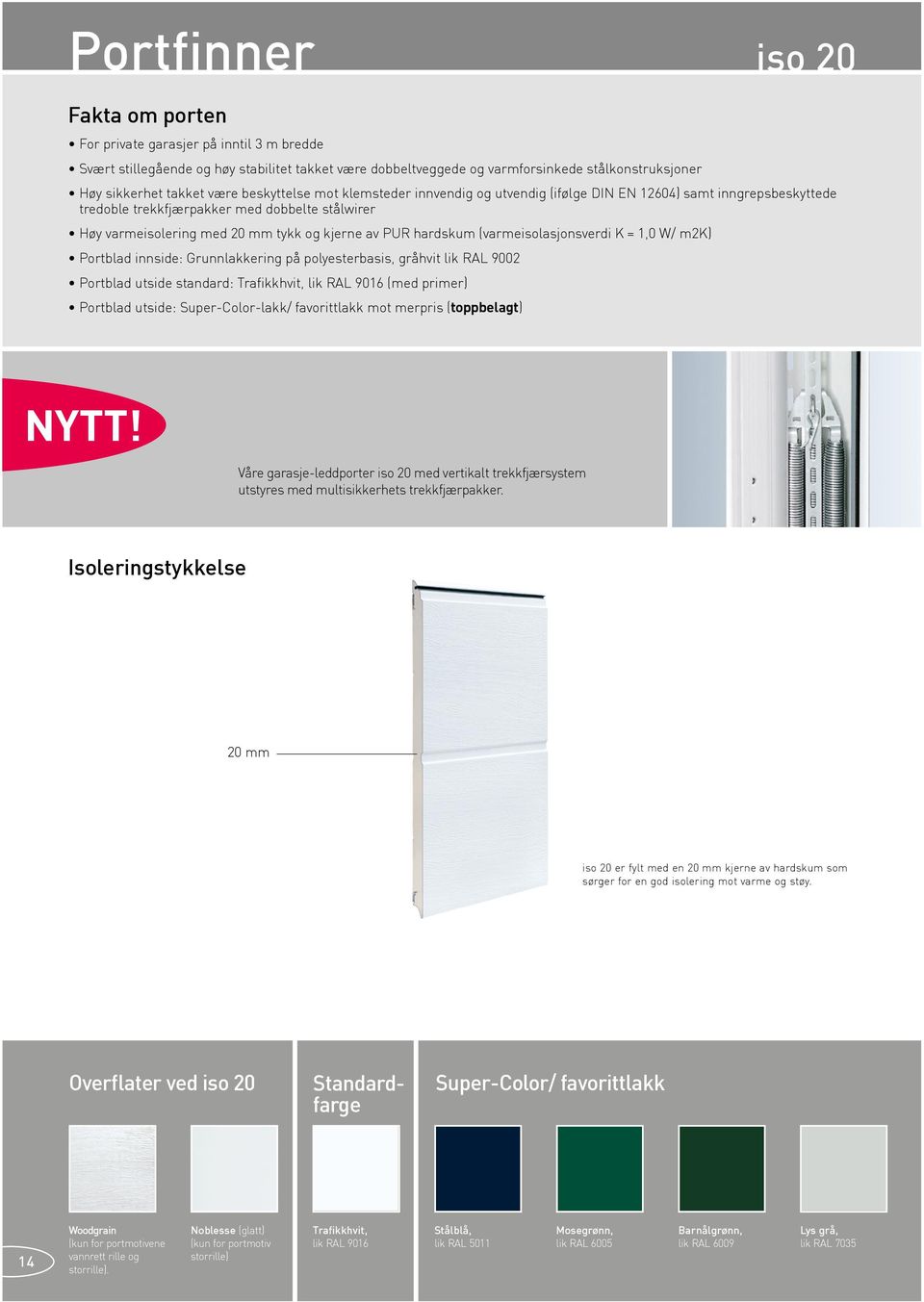 hardskum (varmeisolasjonsverdi K = 1,0 W/ m2k) Portblad innside: Grunnlakkering på polyesterbasis, gråhvit lik RAL 9002 Portblad utside standard: Trafikkhvit, (med primer) Portblad utside: