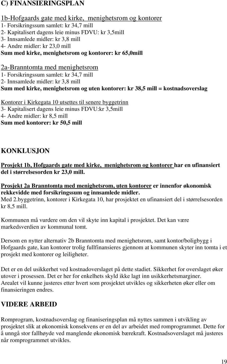 kirke, menighetsrom og uten kontorer: kr 38,5 mill = kostnadsoverslag Kontorer i Kirkegata 10 utsettes til senere byggetrinn 3- Kapitalisert dagens leie minus FDVU:kr 3,5mill 4- Andre midler: kr 8,5