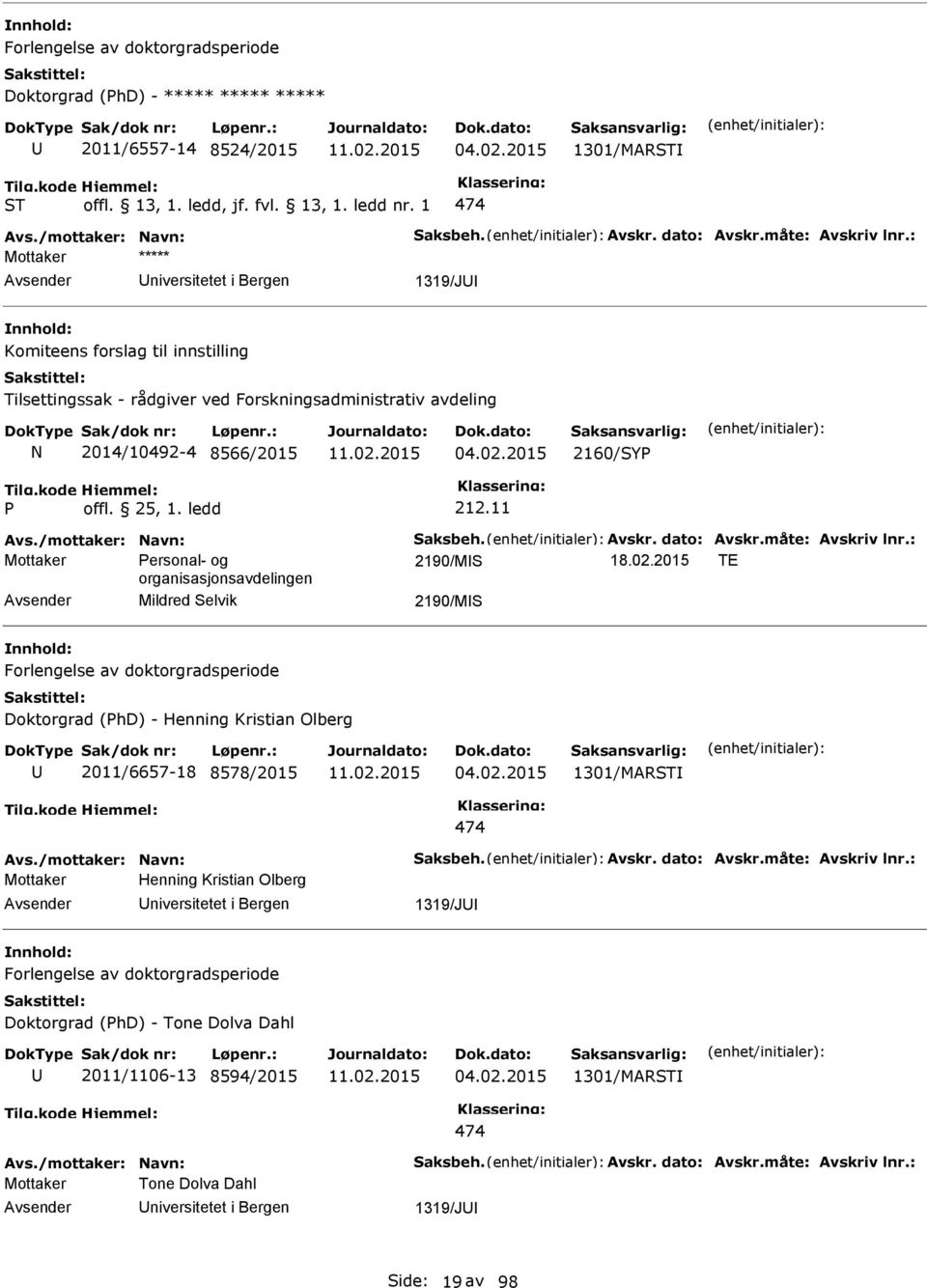 2015 2160/SY offl. 25, 1. ledd 212.11 Mottaker ersonal- og 2190/MS 18.02.