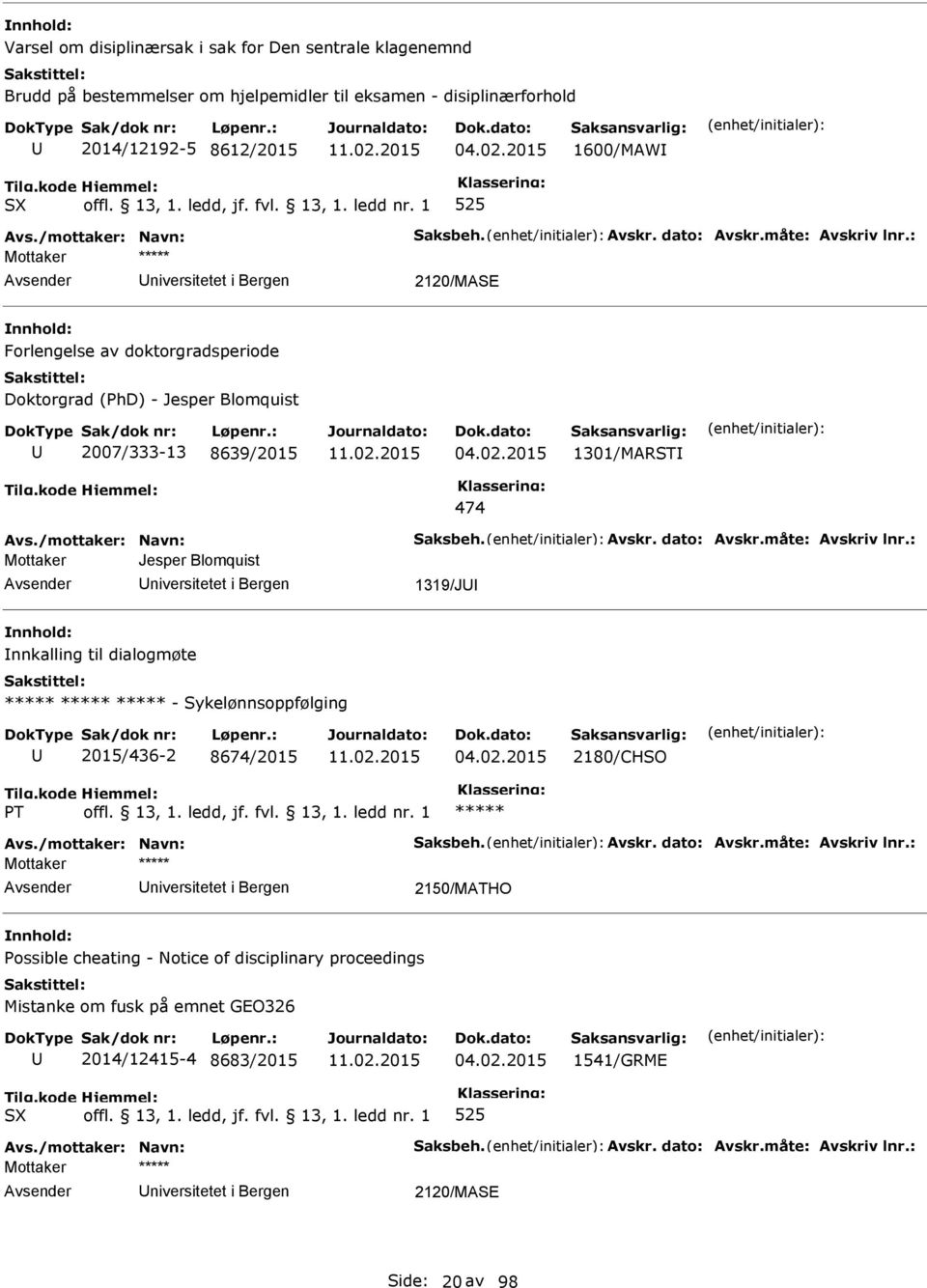 2015 1301/MARST 474 Mottaker Jesper Blomquist niversitetet i Bergen 1319/J nnkalling til dialogmøte - Sykelønnsoppfølging 2015/436-2 8674/2015 04.02.