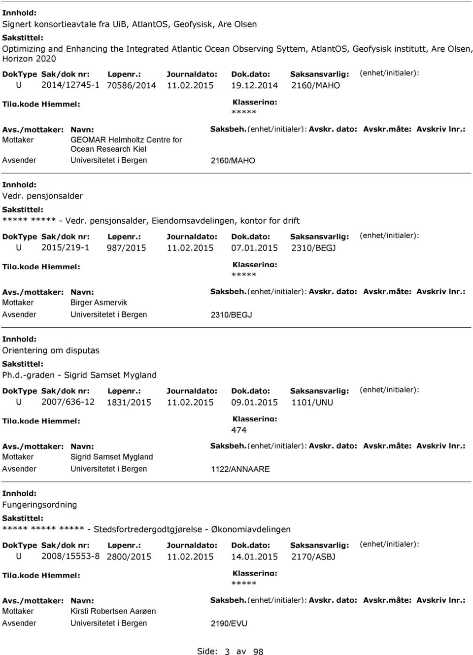 pensjonsalder, Eiendomsavdelingen, kontor for drift 2015/219-1 987/2015 07.01.2015 2310/BEGJ Mottaker Birger Asmervik niversitetet i Bergen 2310/BEGJ Orientering om disputas h.d.-graden - Sigrid Samset Mygland 2007/636-12 1831/2015 09.