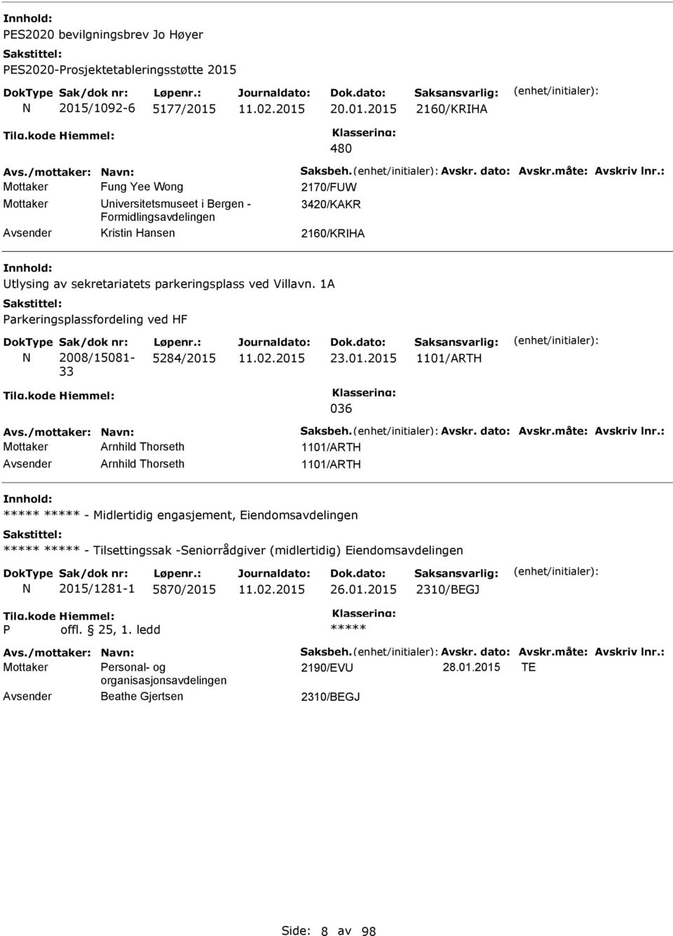 sekretariatets parkeringsplass ved Villavn. 1A arkeringsplassfordeling ved HF Sak/dok nr: 2008/15081-33 Løpenr.: 5284/2015