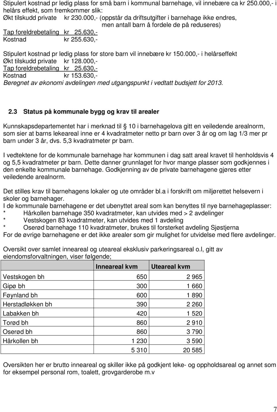 630,- Stipulert kostnad pr ledig plass for store barn vil innebære kr 150.000,- i helårseffekt Økt tilskudd private kr 128.000,- Tap foreldrebetaling kr 25.630,- Kostnad kr 153.