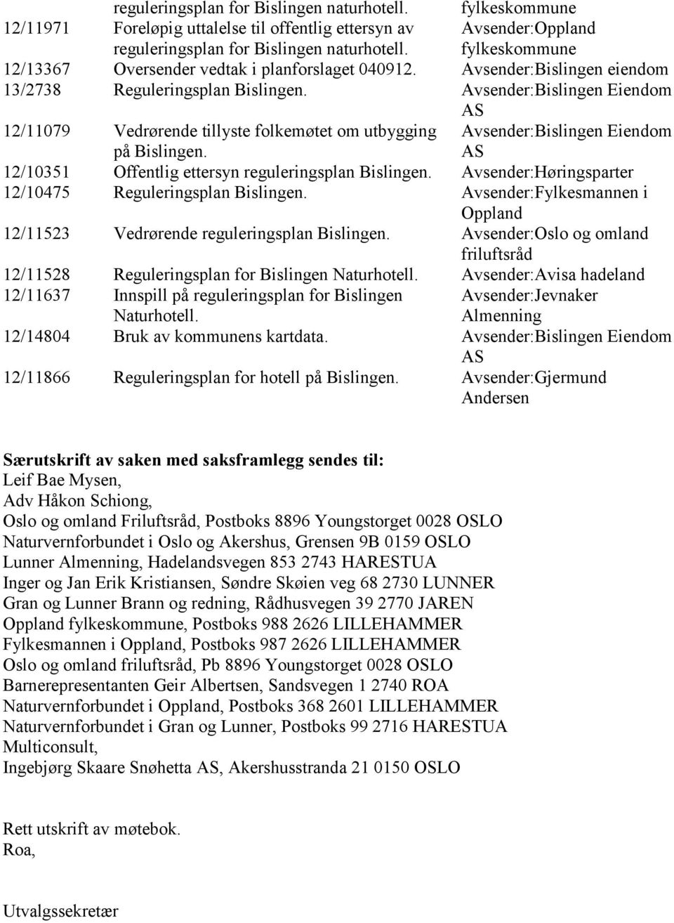 Avsender:Bislingen eiendom 13/2738 Reguleringsplan Avsender:Bislingen Eiendom 12/11079 Vedrørende tillyste folkemøtet om utbygging på Avsender:Bislingen Eiendom 12/10351 Offentlig ettersyn