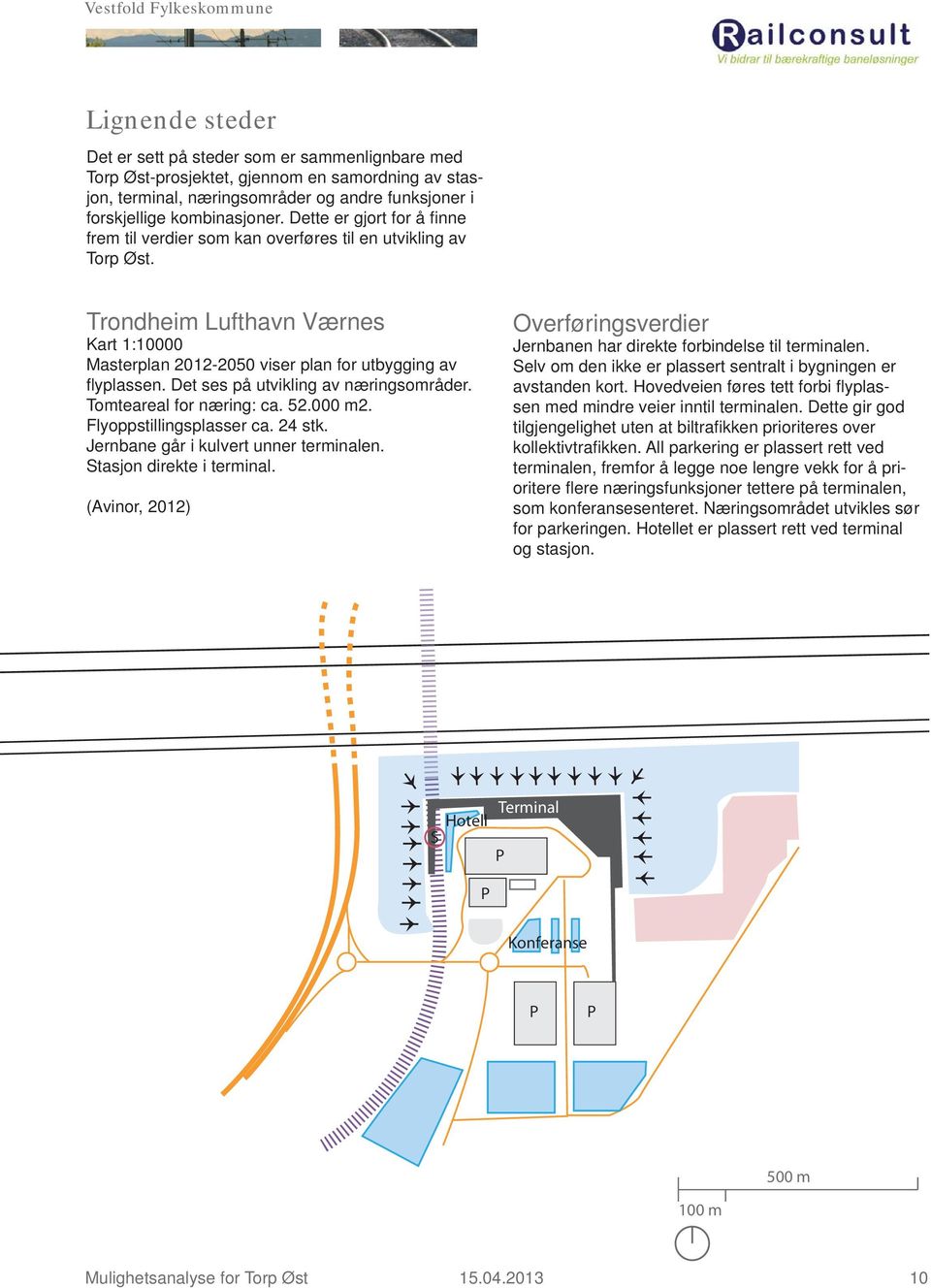 Det ses på utvikling av næringsområder. Tomteareal for næring: ca. 52.000 m2. Flyoppstillingsplasser ca. 24 stk. Jernbane går i kulvert unner terminalen. Stasjon direkte i terminal.