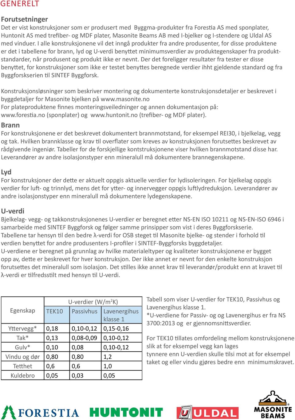 I alle konstruksjonene vil det inngå produkter fra andre produsenter, for disse produktene er det i tabellene for brann, lyd og U-verdi benyttet minimumsverdier av produktegenskaper fra