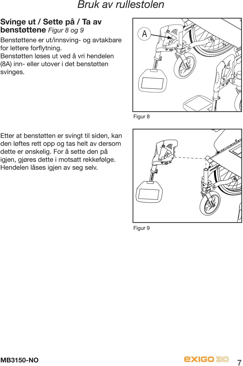 Benstøtten løses ut ved å vri hendelen (8A) inn- eller utover i det benstøtten svinges.