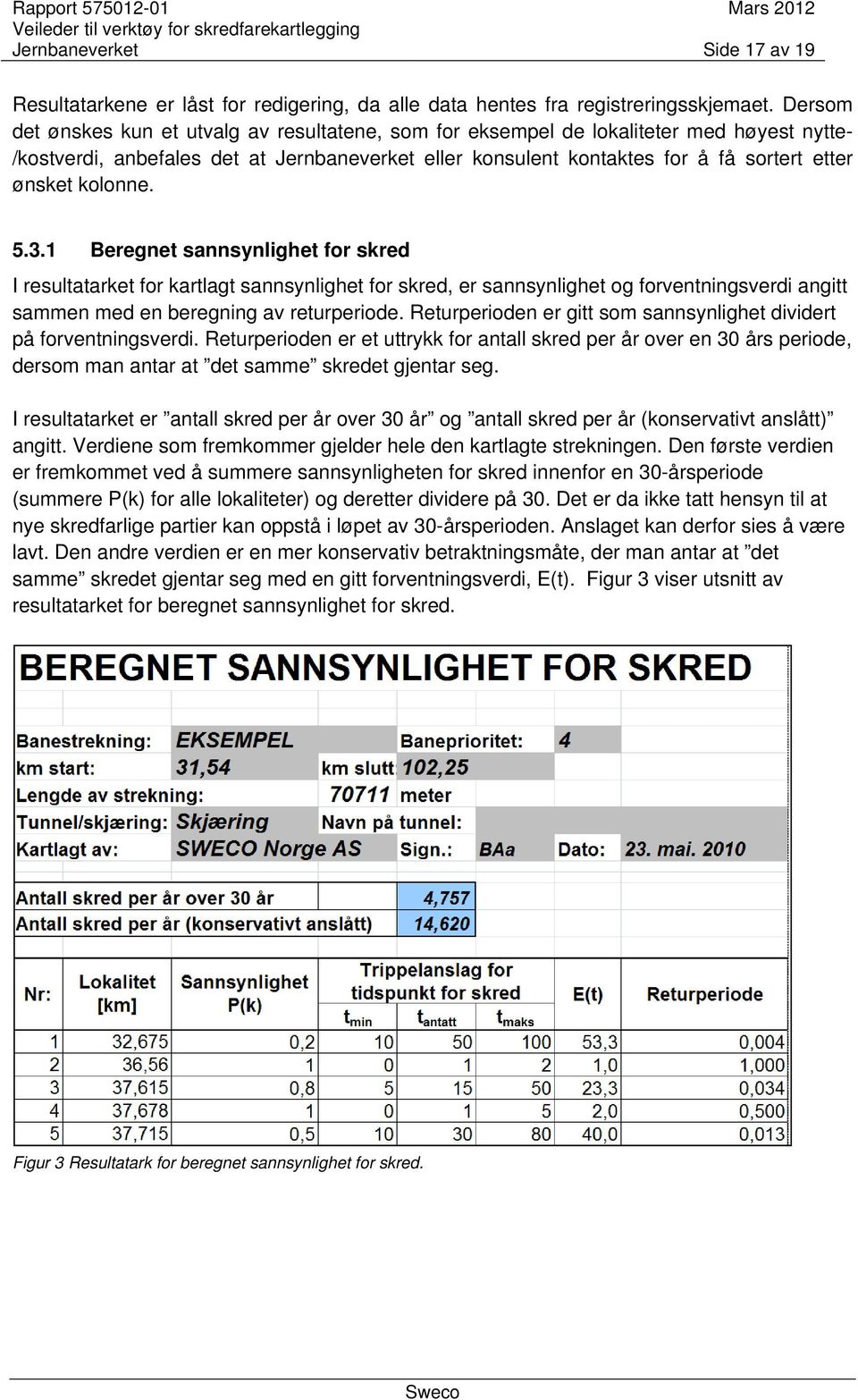 kolonne. 5.3.1 Beregnet sannsynlighet for skred I resultatarket for kartlagt sannsynlighet for skred, er sannsynlighet og forventningsverdi angitt sammen med en beregning av returperiode.