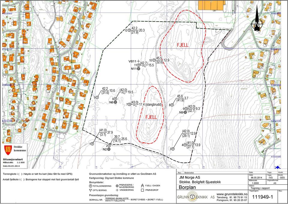 1) Terrengkote i ( ): Høyde er tatt fra kart (ikke fått fix med GPS) Antatt fjellkote i ( ): Boringene har stoppet mot fast grunn/antatt fjell Grunnundersøkelser og innmåling er utført av GeoStrøm AS