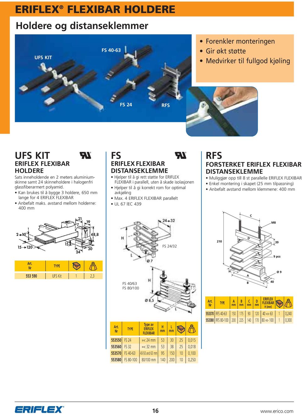 avstand mellom holderne: 400 FS ERIFLEX FLEXIBAR DISTANSEKLEMME Hjelper til å gi rett støtte for ERIFLEX FLEXIBAR i parallell, uten å skade isolasjonen Hjelper til å gi korrekt rom for optimal