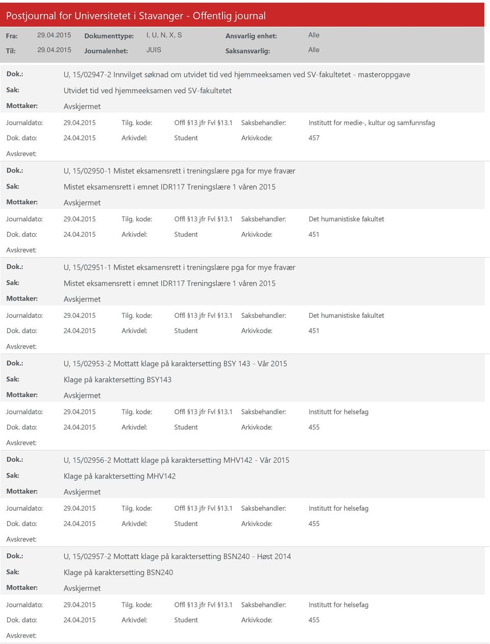 treningslære pga for mye fravær Mistet eksamensrett i emnet IDR117 Treningslære 1 våren 2015 Arkivkode: 451, 15/02953-2 Mottatt klage på karaktersetting BSY 143 - Vår 2015 Klage på