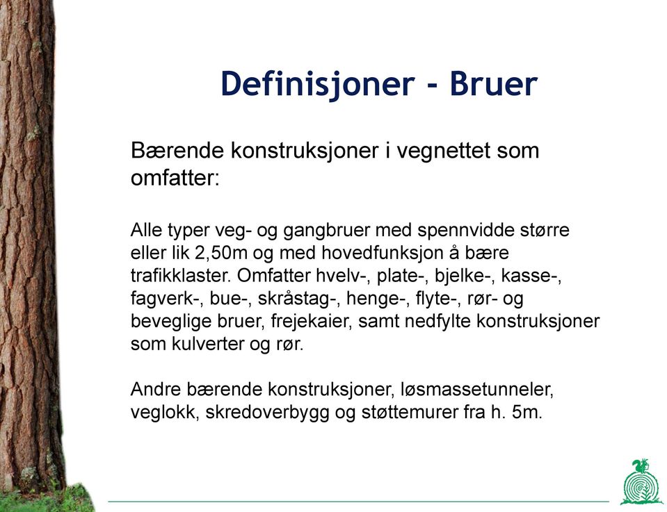 Omfatter hvelv-, plate-, bjelke-, kasse-, fagverk-, bue-, skråstag-, henge-, flyte-, rør- og beveglige bruer,