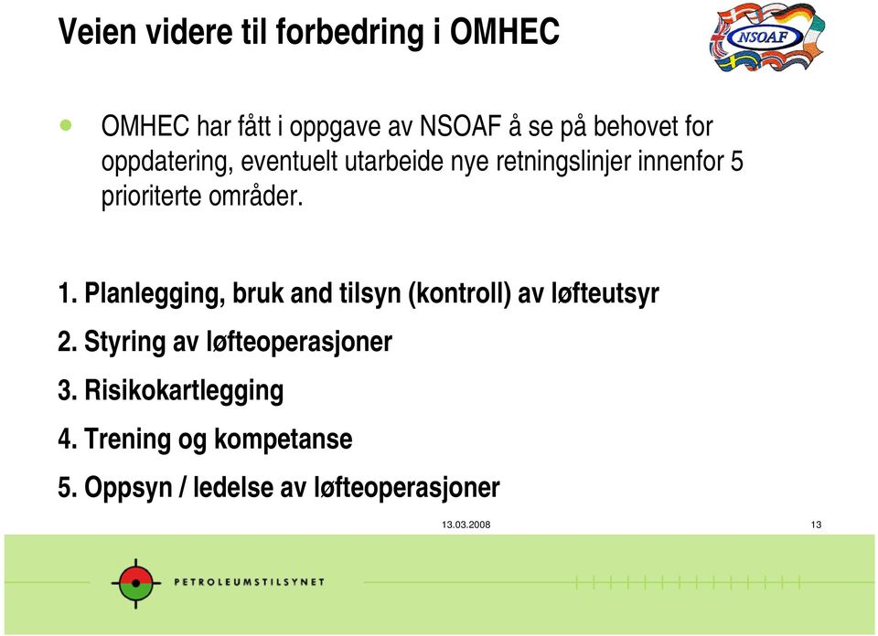 Planlegging, bruk and tilsyn (kontroll) av løfteutsyr 2. Styring av løfteoperasjoner 3.