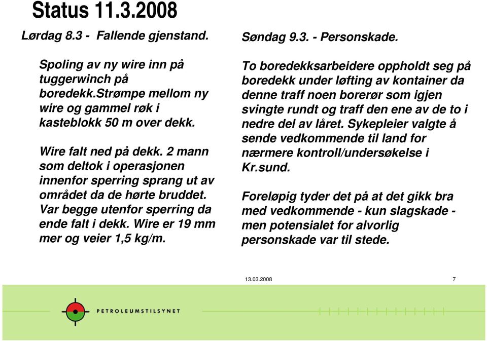 - Personskade. To boredekksarbeidere oppholdt seg på boredekk under løfting av kontainer da denne traff noen borerør som igjen svingte rundt og traff den ene av de to i nedre del av låret.