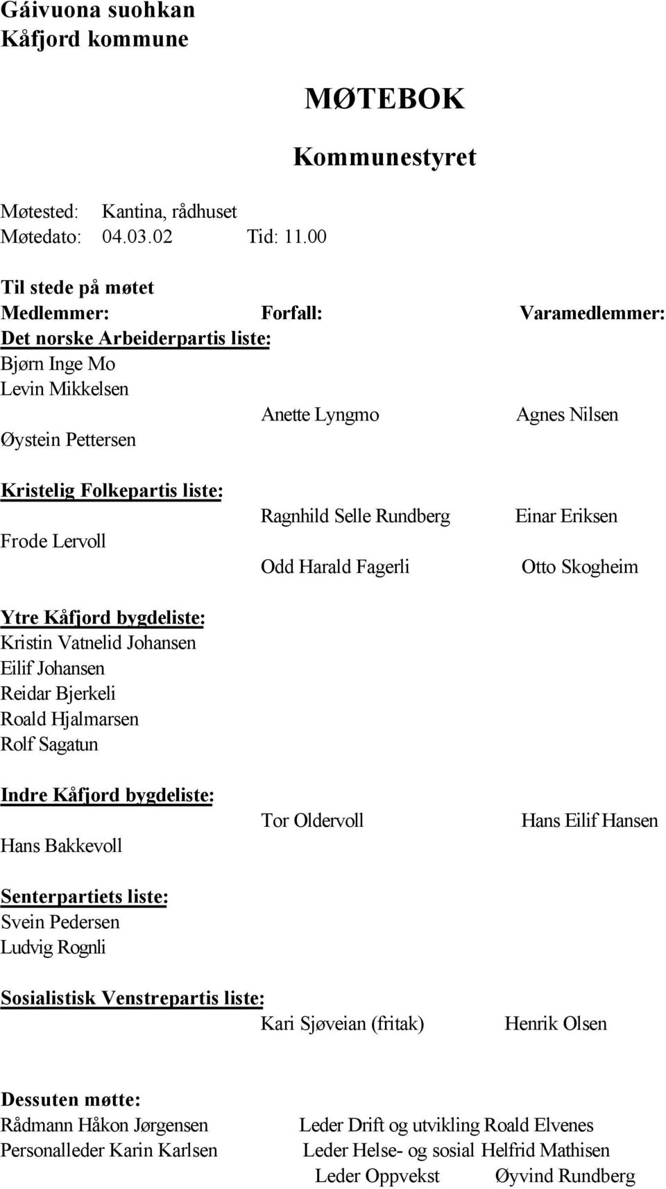 Folkepartis liste: Frode Lervoll Ytre Kåfjord bygdeliste: Kristin Vatnelid Johansen Eilif Johansen Reidar Bjerkeli Roald Hjalmarsen Rolf Sagatun Indre Kåfjord bygdeliste: Hans Bakkevoll