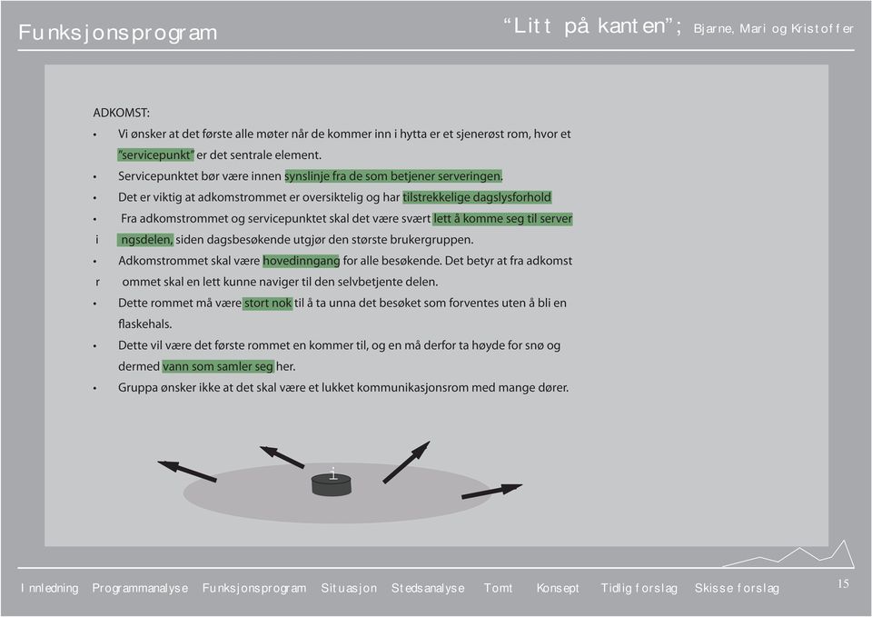 Det er viktig at adkomstrommet er oversiktelig og har tilstrekkelige dagslysforhold Fra adkomstrommet og servicepunktet skal det være svært lett å komme seg til server i ngsdelen, siden dagsbesøkende