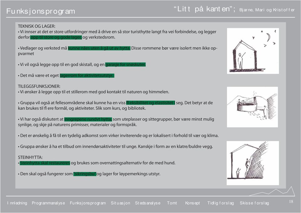 Det må være et eget lagerrom for aktivitetsutstyr. TILEGGSFUNKSJONER: Vi ønsker å legge opp til et stillerom med god kontakt til naturen og himmelen.