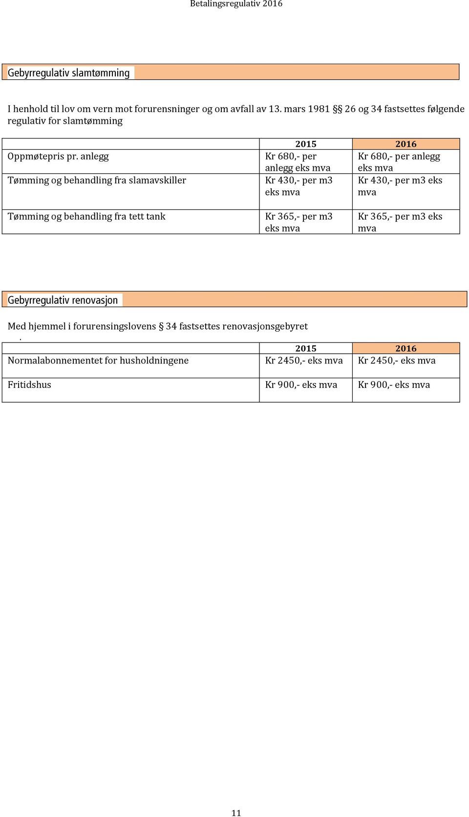 anlegg Tømming og behandling fra slamavskiller Kr 680,- per Kr 680,- per anlegg anlegg eks mva eks mva Kr 430,- per m3 Kr 430,- per m3 eks eks