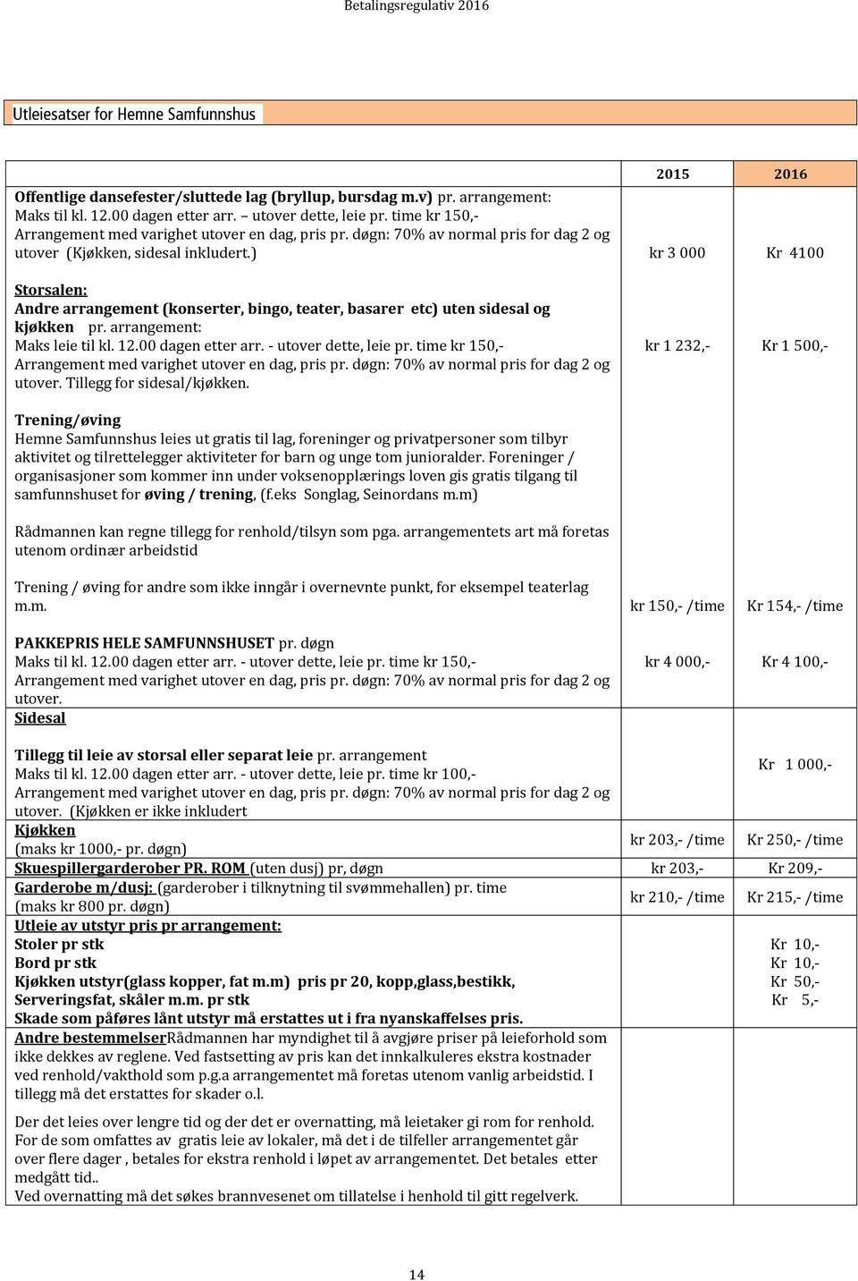 arrangement: Maks leie til kl. 12.00 dagen etter arr. - utover dette, leie pr. time kr 150,- Arrangement med varighet utover en dag, pris pr. døgn: 70% av normal pris for dag 2 og utover.