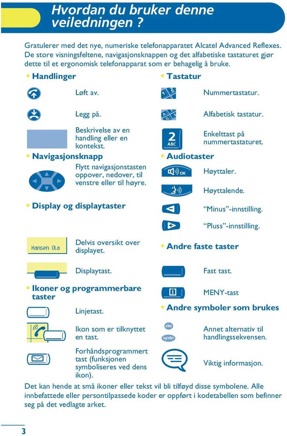 Beskrivelse av en handling en kontekst. Navigasjonsknapp Flytt navigasjonstasten oppover, nedover, til venstre til høyre. Display og displaytaster Alfabetisk tastatur. Enkelttast på nummertastaturet.