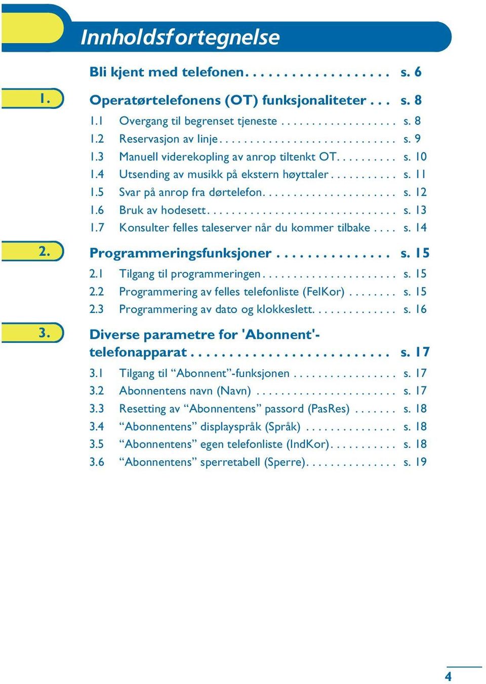 6 Bruk av hodesett............................... s. 13 1.7 Konsulter felles taleserver når du kommer tilbake.... s. 14 2. Programmeringsfunksjoner............... s. 15 2.