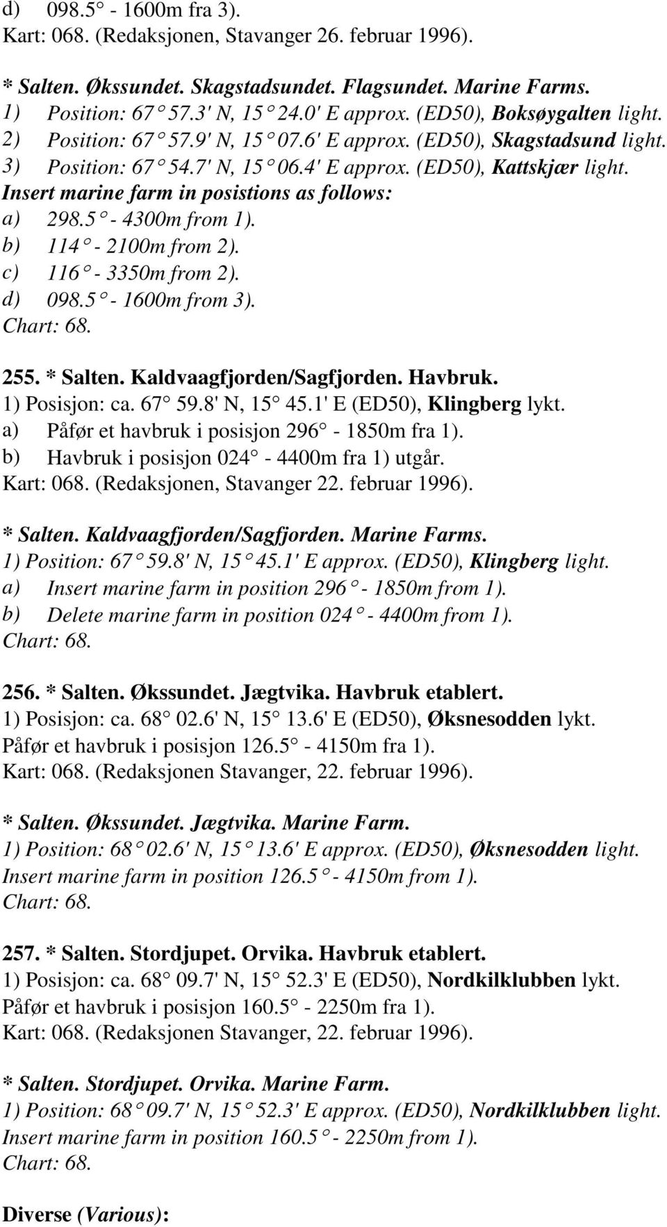 Insert marine farm in posistions as follows: a) 298.5-4300m from 1). b) 114-2100m from 2). c) 116-3350m from 2). d) 098.5-1600m from 3). Chart: 68. 255. * Salten. Kaldvaagfjorden/Sagfjorden. Havbruk.