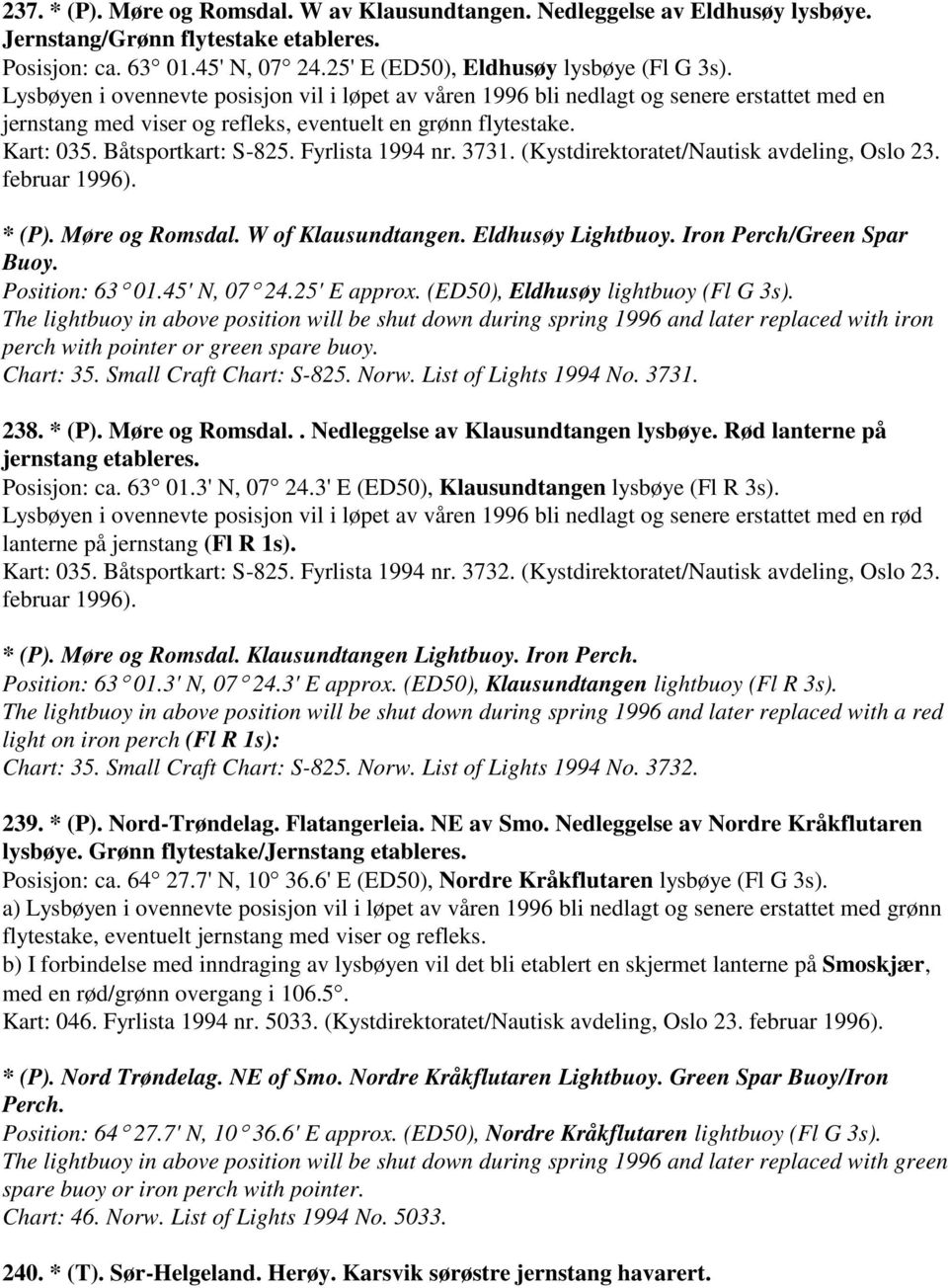 Fyrlista 1994 nr. 3731. (Kystdirektoratet/Nautisk avdeling, Oslo 23. februar 1996). * (P). Møre og Romsdal. W of Klausundtangen. Eldhusøy Lightbuoy. Iron Perch/Green Spar Buoy. Position: 63 01.