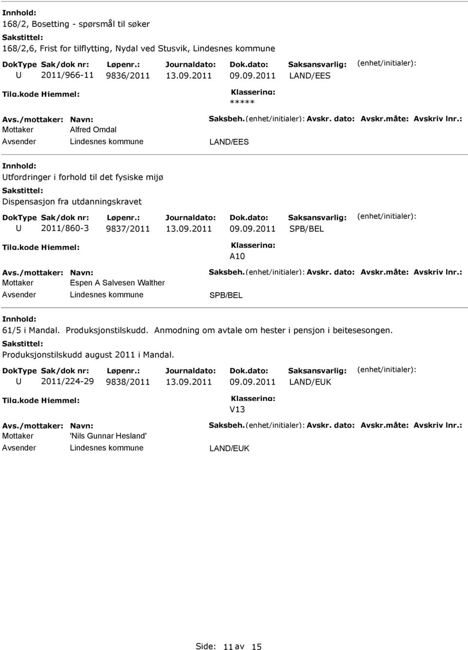 Avskr. dato: Avskr.måte: Avskriv lnr.: Espen A Salvesen Walther SPB/BEL 61/5 i Mandal. Produksjonstilskudd. Anmodning om avtale om hester i pensjon i beitesesongen.