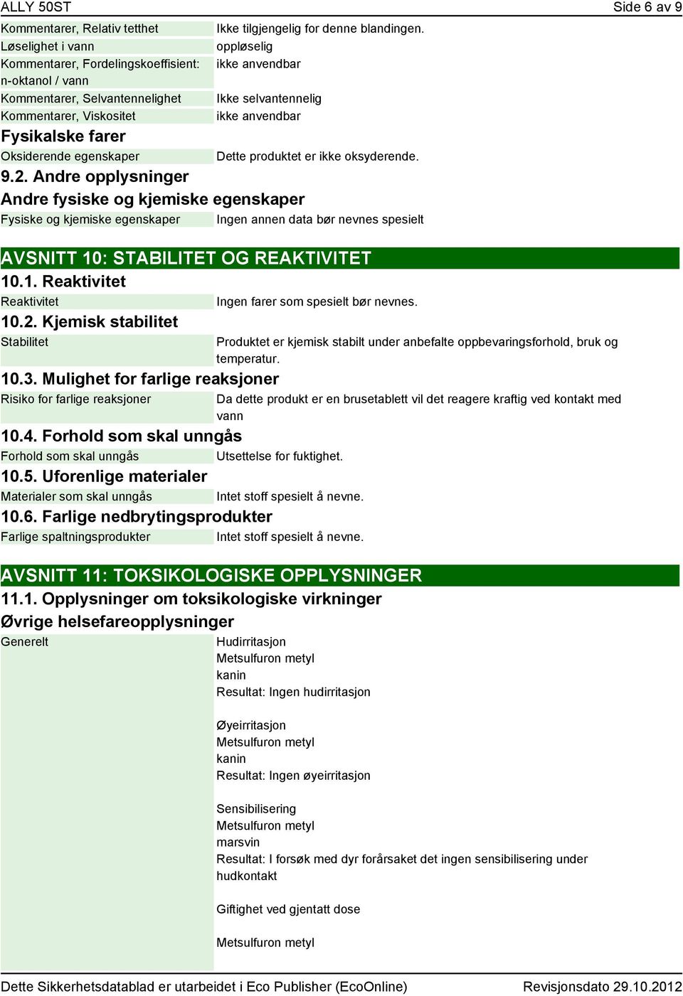 Andre opplysninger Andre fysiske og kjemiske egenskaper Fysiske og kjemiske egenskaper Ingen annen data bør nevnes spesielt AVSNITT 10: STABILITET OG REAKTIVITET 10.1. Reaktivitet Reaktivitet 10.2.
