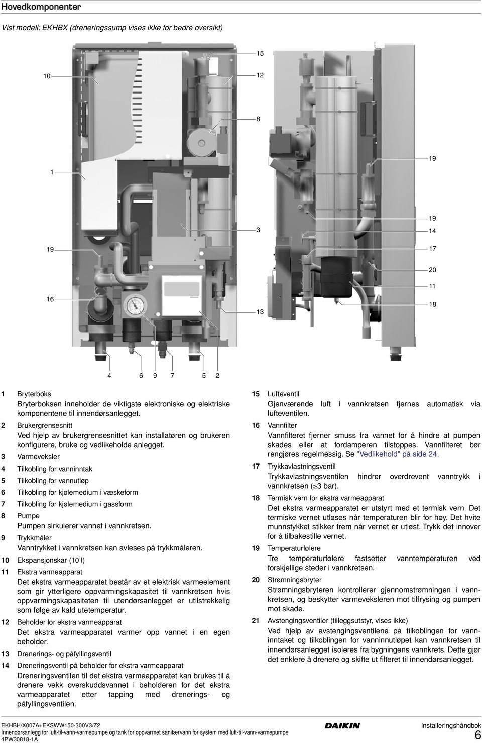 Varmeveksler Tilkobling for vanninntak Tilkobling for vannutløp Tilkobling for kjølemedium i væskeform Tilkobling for kjølemedium i gassform 8 Pumpe Pumpen sirkulerer vannet i vannkretsen.