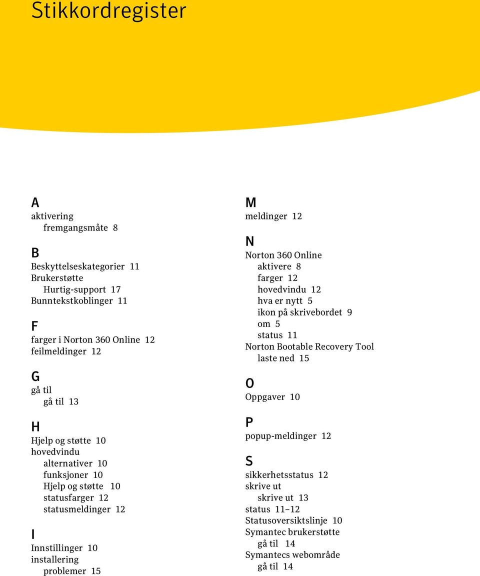 problemer 15 M meldinger 12 N Norton 360 Online aktivere 8 farger 12 hovedvindu 12 hva er nytt 5 ikon på skrivebordet 9 om 5 status 11 Norton Bootable Recovery Tool laste ned