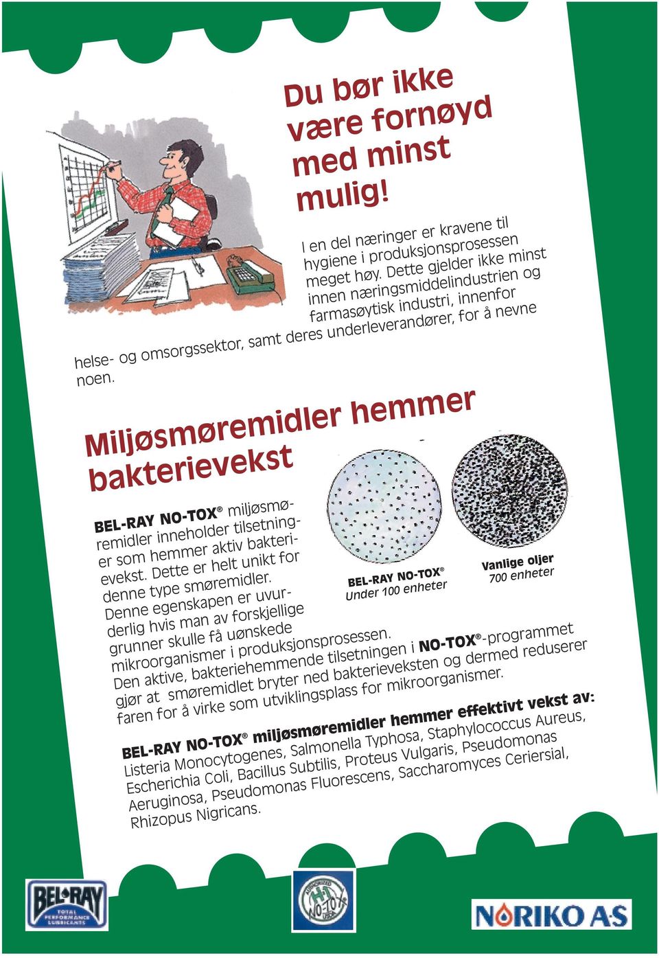 Miljøsmøremidler hemmer bakterievekst BEL-RAY NO-TOX miljøsmøremidler inneholder tilsetninger som hemmer aktiv bakterievekst. Dette er helt unikt for denne type smøremidler.