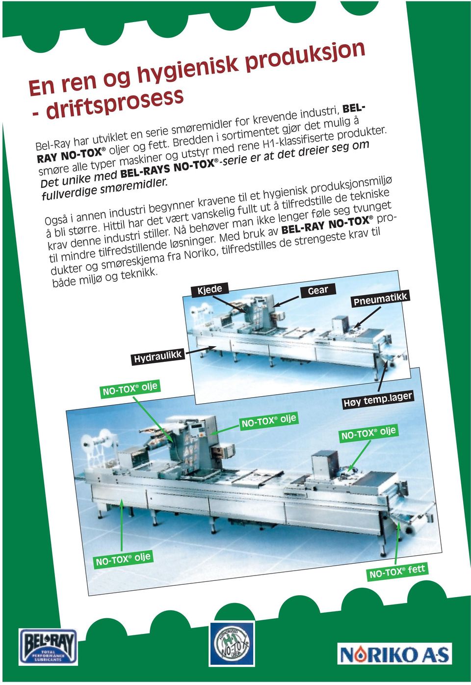 Det unike med BEL-RAYS NO-TOX -serie er at det dreier seg om fullverdige smøremidler. Også i annen industri begynner kravene til et hygienisk produksjonsmiljø å bli større.