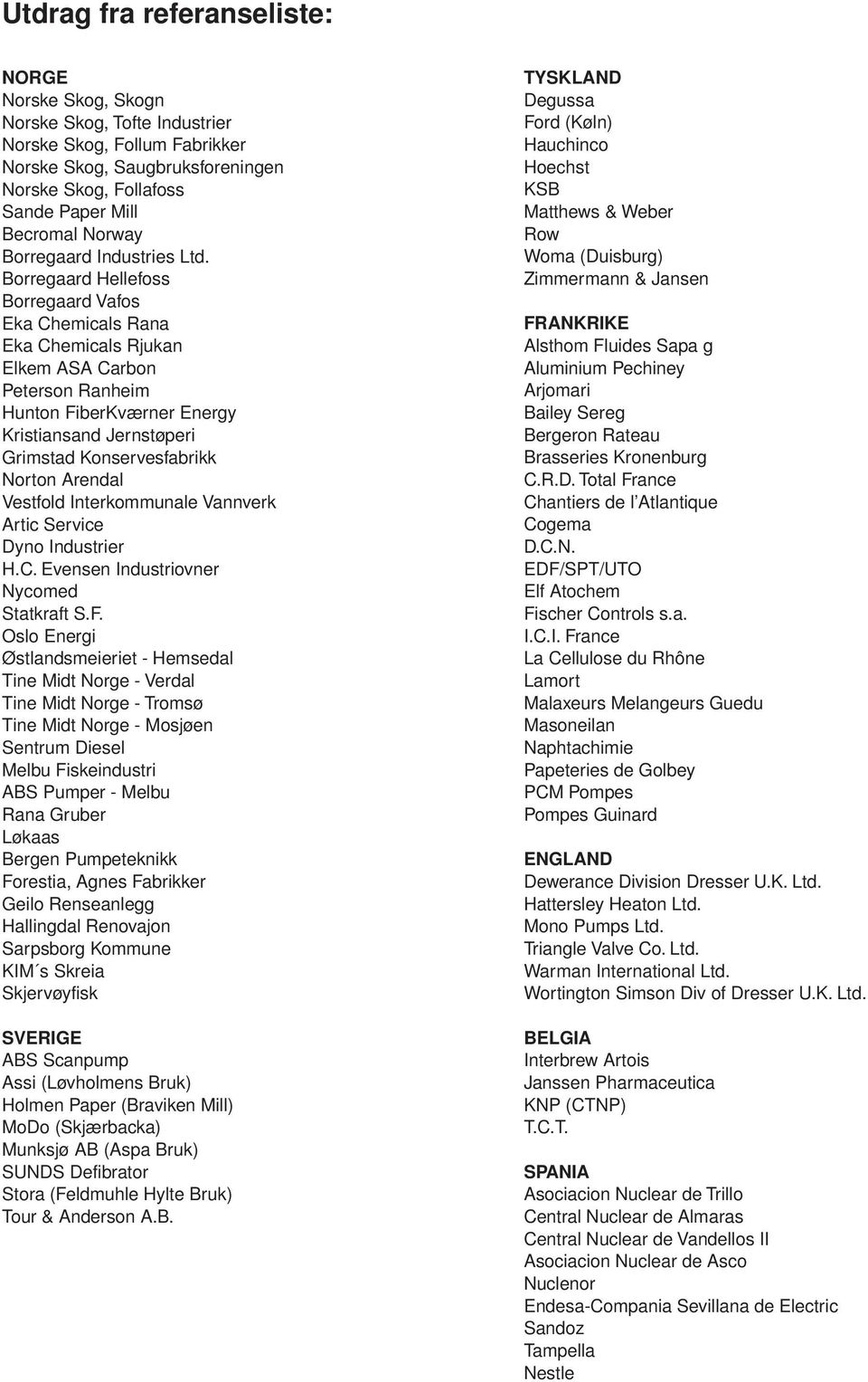 Borregaard Hellefoss Borregaard Vafos Eka Chemicals Rana Eka Chemicals Rjukan Elkem ASA Carbon Peterson Ranheim Hunton FiberKværner Energy Kristiansand Jernstøperi Grimstad Konservesfabrikk Norton