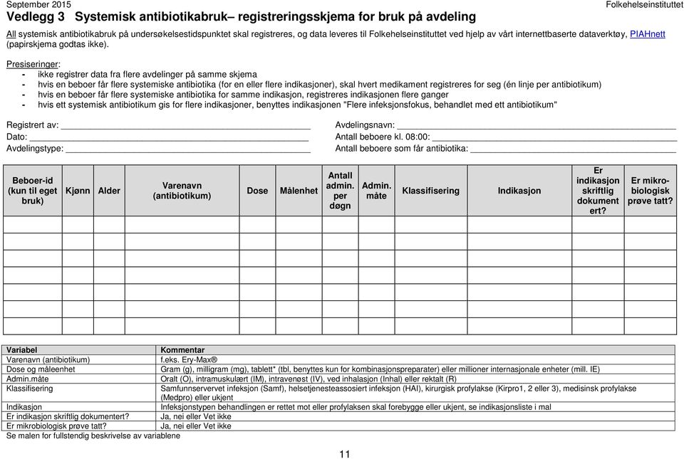 Presiseringer: - ikke registrer data fra flere avdelinger på samme skjema - hvis en beboer får flere systemiske antibiotika (for en eller flere indikasjoner), skal hvert medikament registreres for