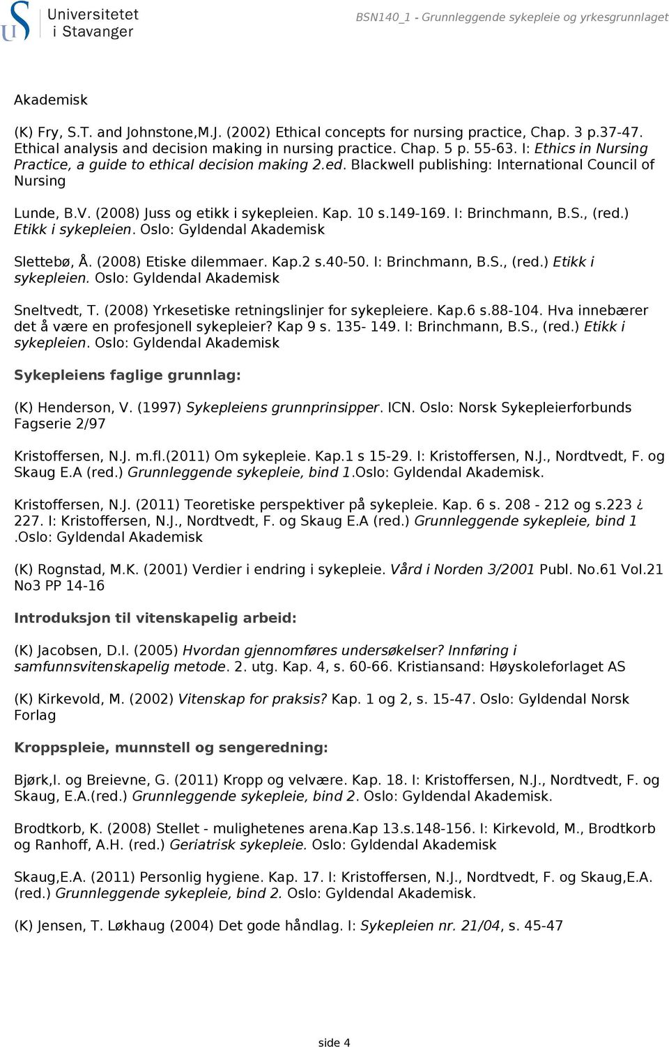 Blackwell publishing: International Council of Nursing Lunde, B.V. (2008) Juss og etikk i sykepleien. Kap. 10 s.149-169. I: Brinchmann, B.S., (red.) Etikk i sykepleien.