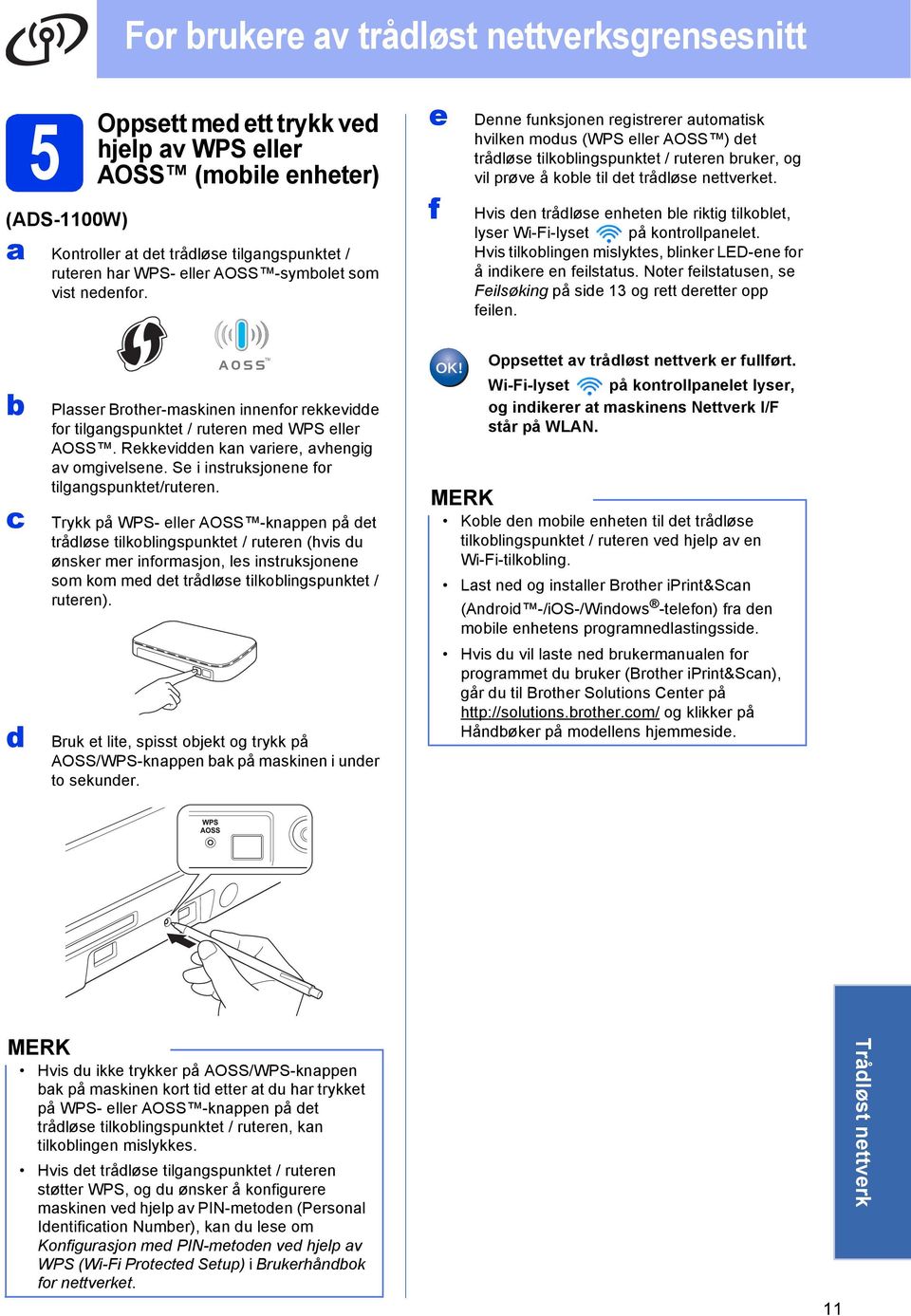 e f Denne funksjonen registrerer automatisk hvilken modus (WPS eller AOSS ) det trådløse tilkoblingspunktet / ruteren bruker, og vil prøve å koble til det trådløse nettverket.