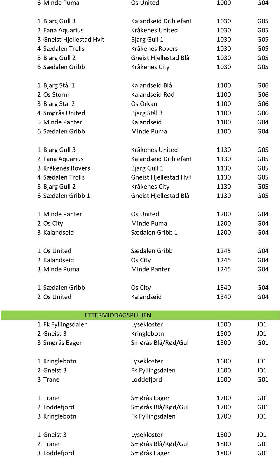 G06 4 Smørås United Bjarg Stål 3 1100 G06 5 Minde Panter Kalandseid 1100 G04 6 Sædalen Gribb Minde Puma 1100 G04 1 Bjarg Gull 3 Kråkenes United 1130 G05 2 Fana Aquarius Kalandseid Driblefant 1130 G05