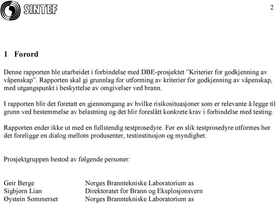 I rapporten blir det foretatt en gjennomgang av hvilke risikosituasjoner som er relevante å legge til grunn ved bestemmelse av belastning og det blir foreslått konkrete krav i forbindelse med testing.