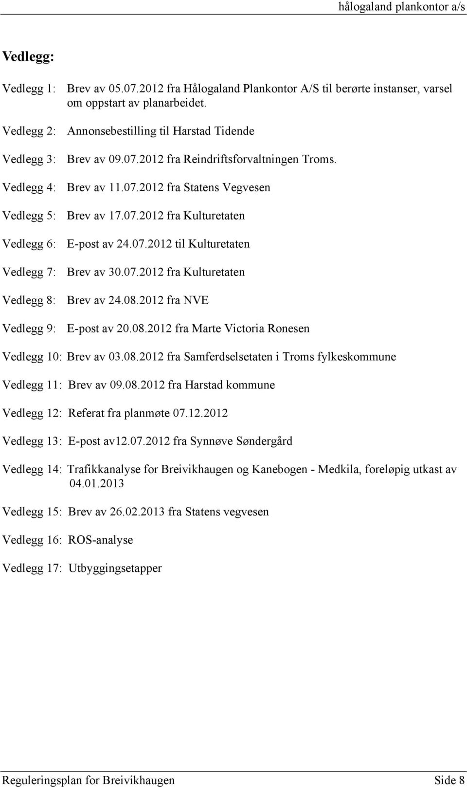 07.2012 fra Kulturetaten Vedlegg 8: Brev av 24.08.2012 fra NVE Vedlegg 9: E-post av 20.08.2012 fra Marte Victoria Ronesen Vedlegg 10: Brev av 03.08.2012 fra Samferdselsetaten i Troms fylkeskommune Vedlegg 11: Brev av 09.