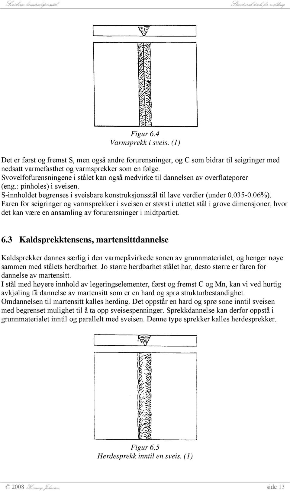 Faren for seigringer og varmsprekker i sveisen er størst i utettet stål i grove dimensjoner, hvor det kan være en ansamling av forurensninger i midtpartiet. 6.