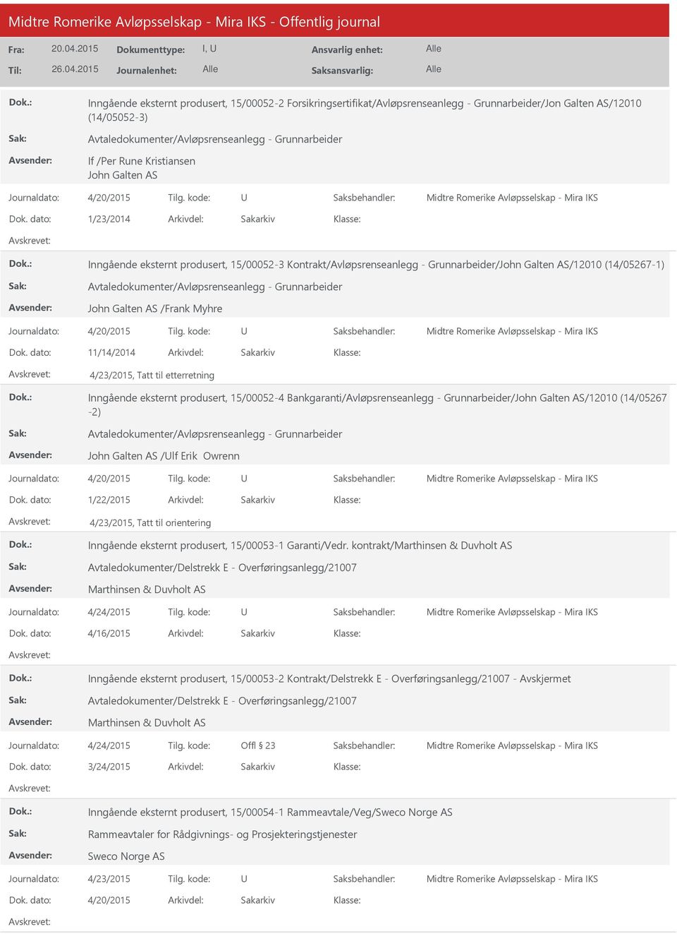 Avtaledokumenter/Avløpsrenseanlegg - Grunnarbeider John Galten AS /Frank Myhre 11/14/2014 4/23/2015, Tatt til etterretning Inngående eksternt produsert, 15/00052-4 Bankgaranti/Avløpsrenseanlegg -