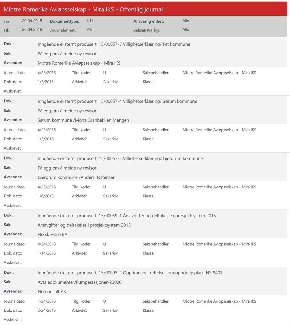 kommune Pålegg om å melde ny revisor Gjerdrum kommune /Anders Østensen 1/6/2015 Inngående eksternt produsert, 15/00059-1 Årsavgifter og deltakelse i prosjektsystem 2015 Årsavgifter og