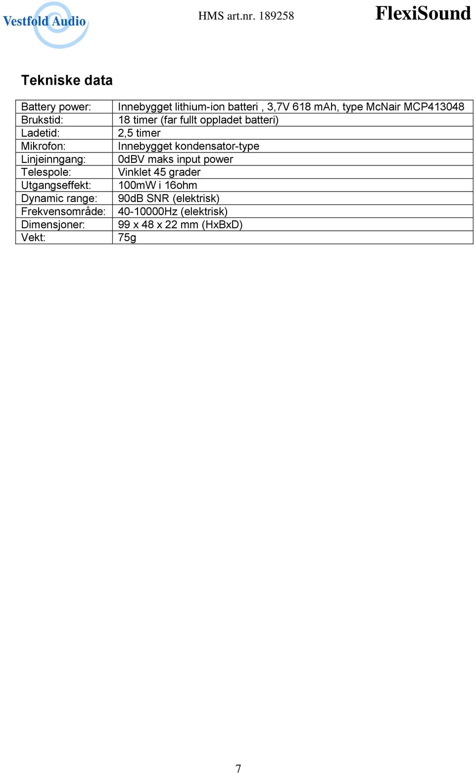 McNair MCP413048 18 timer (far fullt oppladet batteri) 2,5 timer Innebygget kondensator-type 0dBV maks